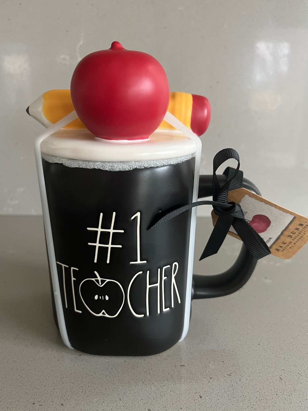 Rae Dunn #1 Teacher Mug Apple And Pencil Topper Black Teacher Gift NEW